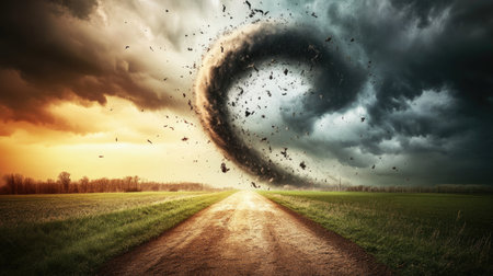 A striking image showcases a tornado forming over an open dirt road, surrounded by a dramatic sky and a rural landscape, highlighting nature's power.の素材