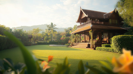 Discover a stunning traditional house set amidst a vibrant tropical garden, bathed in warm morning sunlight, offering an exquisite blend of nature and architectural beauty.の素材