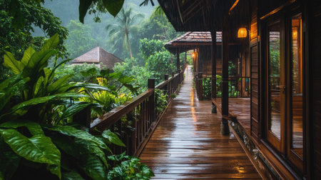 Experience the tranquil beauty of a rainforest retreat featuring a serene wooden pathway and cozy cabin nestled among vibrant foliage during a heavy rain shower.の素材