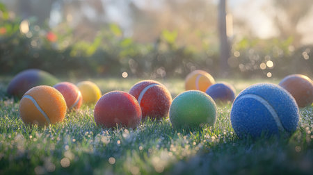 A collection of colorful sports balls resting on dew-covered grass, illuminated by warm morning sunlight, creates a vibrant, joyful outdoor scene.の素材