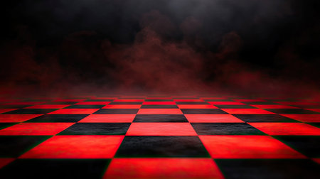 A striking red and black checkerboard floor creates a dramatic scene filled with smoke, perfect for artistic backgrounds or creative projects.の素材
