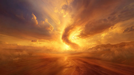 A breathtaking view of a vibrant sunset over a desert landscape, featuring swirling clouds and warm colors that create a serene and atmospheric scene, perfect for nature lovers.の素材