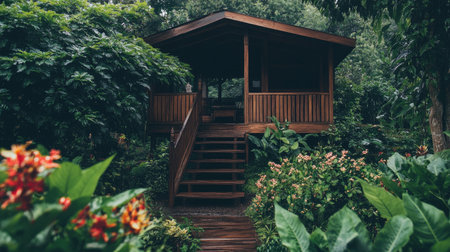 A charming wooden cabin nestled in vibrant foliage and colorful flowers, offering a serene retreat. The inviting structure and lush garden create a harmonious escape into nature, perfect for relaxation and rejuvenation.の素材