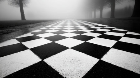 This black and white photograph captures a checkerboard pathway receding into a foggy landscape, framed by ethereal trees, creating a sense of mystery.の素材