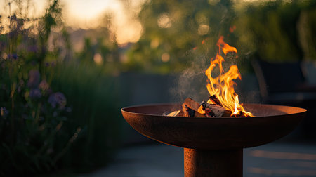 This captivating image captures a fire pit glowing warmly in an outdoor setting at sunset, perfect for cozy gatherings and enhancing outdoor spaces.の素材