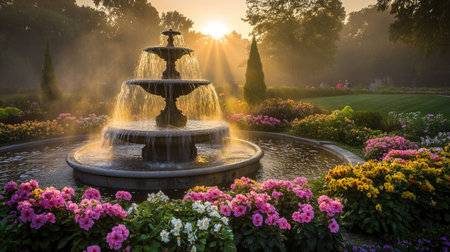 An enchanting morning scene featuring a charming fountain surrounded by a vibrant array of flowers, captured at sunrise. Mist envelops the garden, adding a tranquil ambiance.の素材