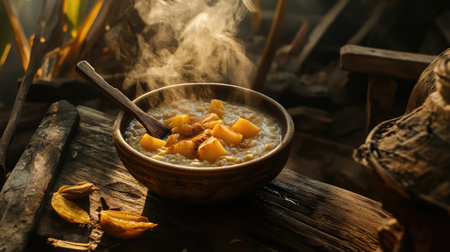 A steaming bowl of oatmeal topped with fresh mango slices sits on a rustic wooden table, creating a cozy ambiance perfect for a healthy breakfast.の素材