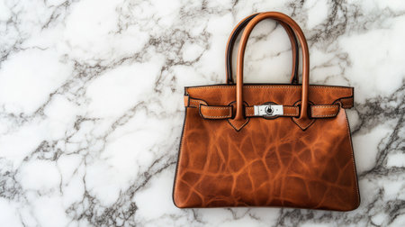 This elegant brown leather handbag rests beautifully on a marble background, showcasing its luxurious texture and craftsmanship. Ideal for fashion displays.の素材