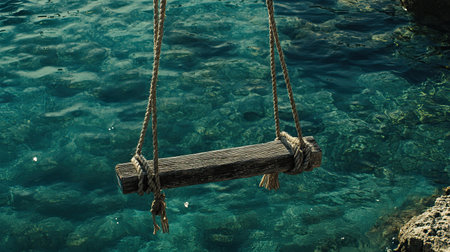 A rustic wooden swing, securely suspended by thick ropes, hangs gracefully over vibrant turquoise water, inviting moments of joy and relaxation in nature's embrace.の素材