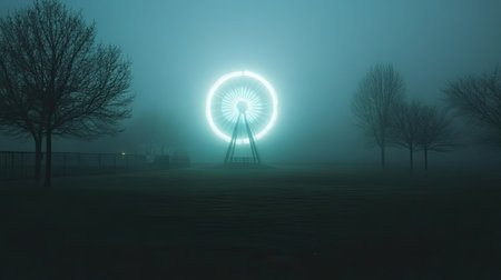 This captivating image features a glowing ferris wheel shrouded in fog, surrounded by bare trees in a serene nighttime setting. The atmosphere evokes mystery and tranquility.の素材