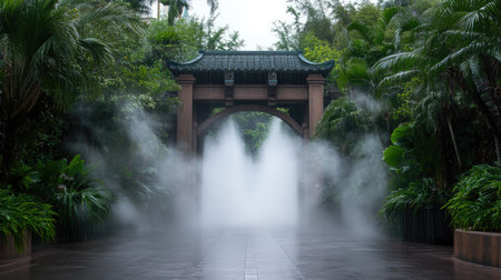 Discover a serene entrance to a tranquil garden enveloped in soft mist and lush greenery, perfect for nature lovers seeking peace and relaxation.の素材