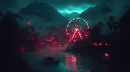 Dreamy night scene featuring a vibrant ferris wheel emitting neon lights, mirrored by a serene lagoon, enveloped in mist and majestic mountains.の素材