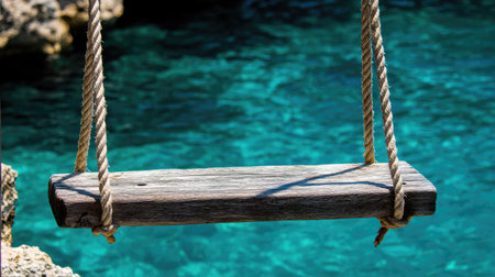 A rustic wooden swing suspended by sturdy ropes offers a stunning view over calm, clear blue waters, capturing the essence of outdoor fun and relaxation.の素材