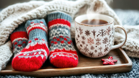Enjoy a cozy winter evening with warm tea, soft hand-knitted socks, and an inviting blanket on a wooden tray, evoking warmth and comfort.の素材