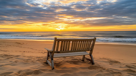 A peaceful beach scene featuring a wooden bench overlooking gentle ocean waves during a stunning sunset, creating a calm and inviting atmosphere.の素材