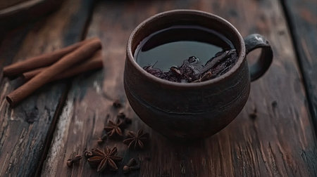 A beautifully styled cup of spiced beverage sits on a rustic wooden table, surrounded by cinnamon sticks and star anise. Perfect for cozy moments.の素材