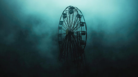 A haunting silhouette of a ferris wheel emerges from a thick fog, creating an atmospheric scene filled with mystery and intrigue at night.の素材