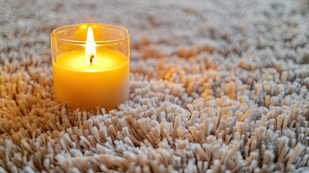 A serene candle burns brightly on a soft carpet, creating a warm atmosphere perfect for relaxation and tranquility in any indoor setting.の素材