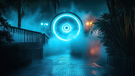 A captivating scene showcasing a foggy pathway illuminated by vibrant neon lights. The atmosphere is serene and mysterious, perfect for evoking adventure.の素材