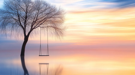 A tranquil scene featuring a solitary tree with a swing at sunset, reflected beautifully on the calm water. Captivating colors create a dreamy landscape.の素材