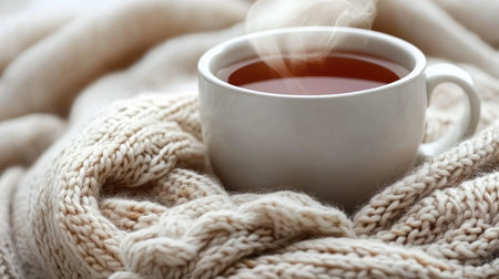 A comforting scene featuring a steaming cup of hot beverage set on a soft knitted wool blanket, evoking feelings of warmth and relaxation. Perfect for cozy moments.の素材
