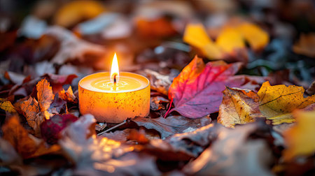 A serene scene featuring a glowing orange candle surrounded by vibrant autumn leaves, capturing the warmth and tranquility of the fall season in nature.の素材