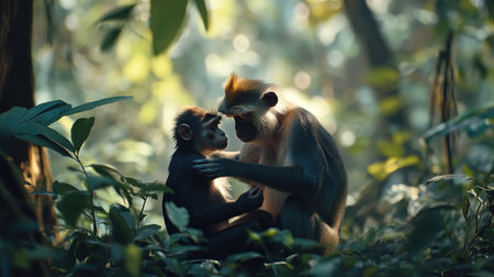 Experience a touching moment of care as an adult monkey gently comforts a young monkey in a vibrant jungle setting, showcasing the beauty of wildlife interactions.の素材