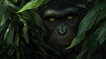 This captivating close-up image features a mysterious primate peering through lush green foliage, showcasing intense eyes and intricate detail.の素材