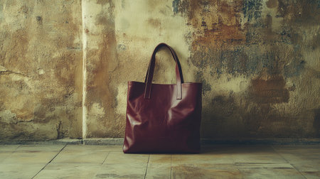 This image features a sophisticated burgundy tote bag positioned against a textured rustic wall, blending minimal design with elegance and charm.の素材