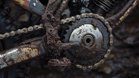 This detailed close-up image showcases a bicycle chain and gear mechanism covered in mud, highlighting the ruggedness of outdoor cycling adventures.の素材