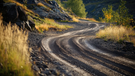 A stunning image of a winding dirt road through lush greenery and sunlit rocks. The pathway invites travelers into a tranquil rural setting surrounded by nature's beauty.の素材