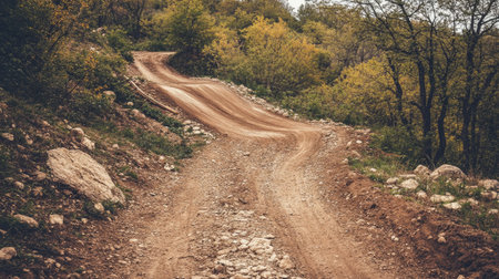 A scenic winding dirt road meanders through lush green foliage and vibrant autumn trees, creating a tranquil escape in nature's beauty. Perfect for outdoor enthusiasts.の素材