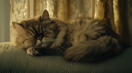This image captures a peaceful Persian cat sleeping soundly on a cushion, surrounded by soft drapery and warm indoor light, creating a serene atmosphere.の素材