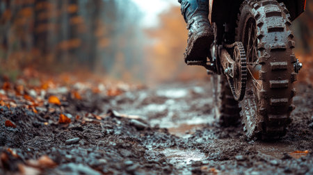 A close-up view of a dirt bike navigating a muddy trail, with a vibrant autumn forest in the background. The scene captures the thrill of adventure.の素材