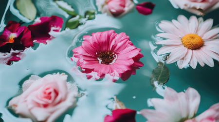 A serene arrangement of vibrant flowers floating gracefully on a calm water surface, showcasing natural beauty and tranquility in a stunning setting.の素材