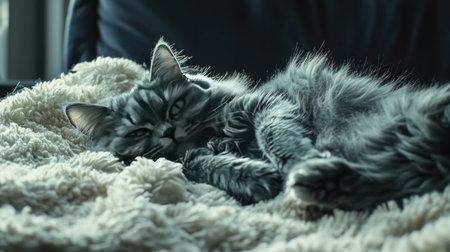A serene gray cat comfortably lies on a soft blanket in a sunlit indoor space, showcasing a peaceful moment of relaxation and warmth.の素材