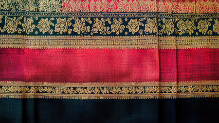 This stunning traditional fabric showcases intricate golden floral patterns against a backdrop of rich colors, ideal for fashion, design, and decor themes.の素材