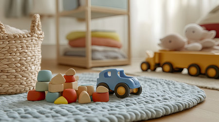 A bright playroom featuring a colorful wooden car and blocks on a soft rug, creating a playful and inviting environment for children to explore creativity.の素材