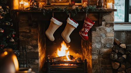 This inviting Christmas scene features a crackling fireplace decorated with vibrant stockings and twinkling candles, creating a warm, festive atmosphere.の素材