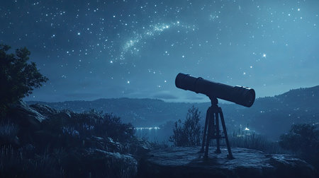 A serene night scene featuring a telescope pointed towards a star-filled sky, inviting stargazers to explore the beauty of the universe and its celestial wonders.の素材