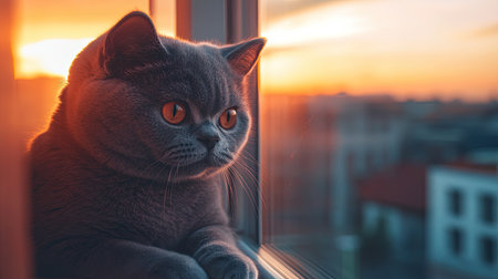 A serene gray cat gazes out from a window sill during a vibrant sunset, creating a peaceful scene filled with warm orange and yellow hues.の素材
