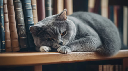 A serene gray cat lounges comfortably on a wooden bookshelf filled with classic books, creating a cozy indoor atmosphere perfect for relaxation and reading.の素材