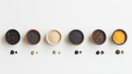 Explore a visually striking arrangement of diverse gourmet spices and seeds displayed in wooden bowls, capturing the essence of culinary artistry and natural beauty in the kitchen.の素材