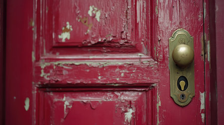 A close-up view of a weathered red door showcasing its peeling paint and a vintage brass door handle, creating an inviting yet rustic charm.の素材