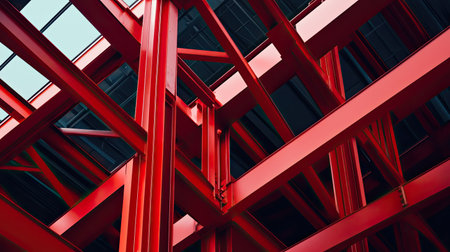 This image showcases a striking view of a red steel structure, highlighting geometric lines and unique architectural elements that evoke modern industrial design.の素材