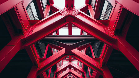 A striking view of a steel structure showcasing bold red beams and geometric patterns. This image captures the essence of modern industrial architecture in an urban setting.の素材