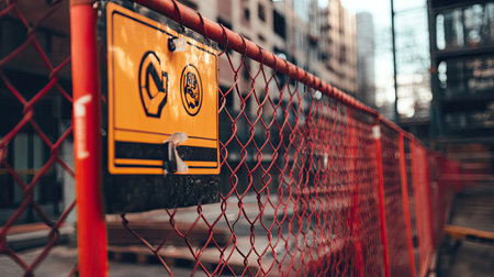A vibrant yellow warning sign attached to a red chain-link fence stands out in a bustling urban construction site, signaling safety and caution amidst development.の素材