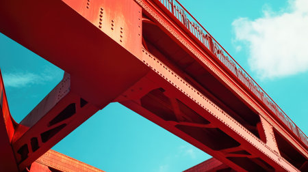A striking red steel bridge showcases impressive architectural design against a vivid blue sky dotted with fluffy clouds. Ideal for urban-themed projects.の素材