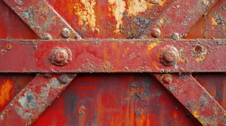 This image showcases a close-up view of a rusted metal surface with striking red and orange tones, highlighting the beauty of industrial decay and texture.の素材