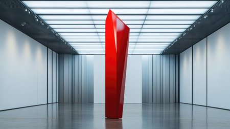 This striking image features an abstract red sculpture standing alone in a modern gallery, illuminated by bright lighting that enhances its vibrant color and elegant lines.の素材